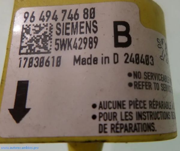 SENSOR DE IMPACTO DE AIRBAG PEUGEOT 307 5WK42989 9649774680
