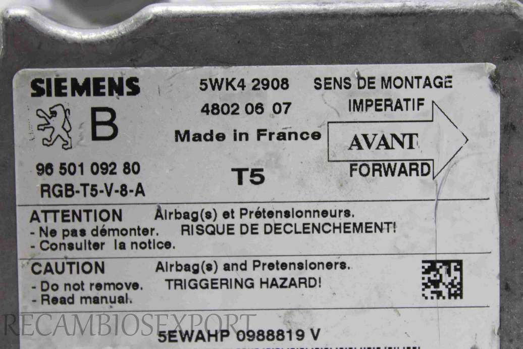 Centralita Airbag PEUGEOT 307 9650109280 96 501 092 80 SIEMENS 5WK42908 5WK4 2908 - Imagen 2