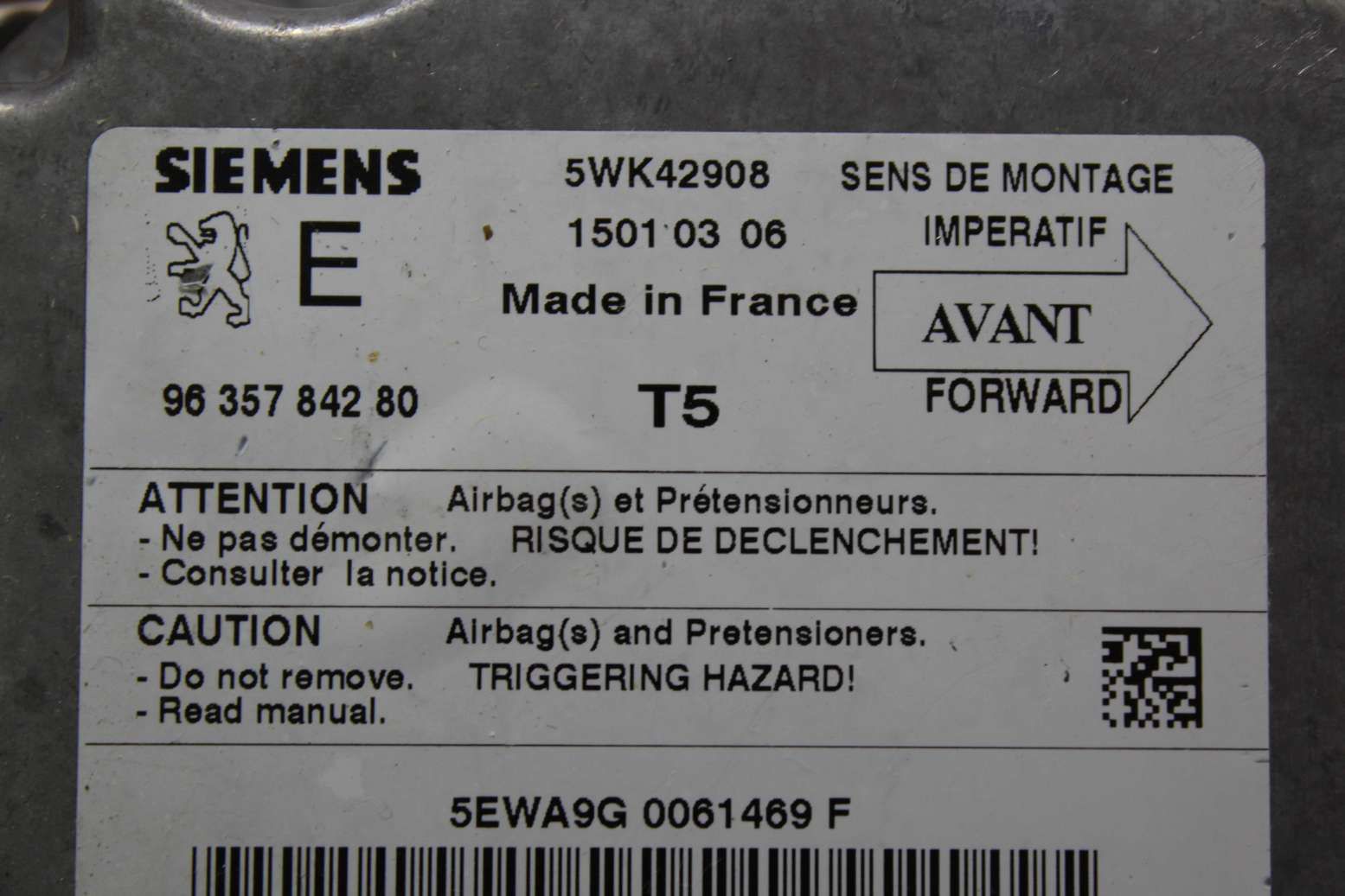 Centralita de airbag Peugeot 307 9635784280 96 357 842 80 Siemens 5WK42908 5WK4 2908 - Imagen 2